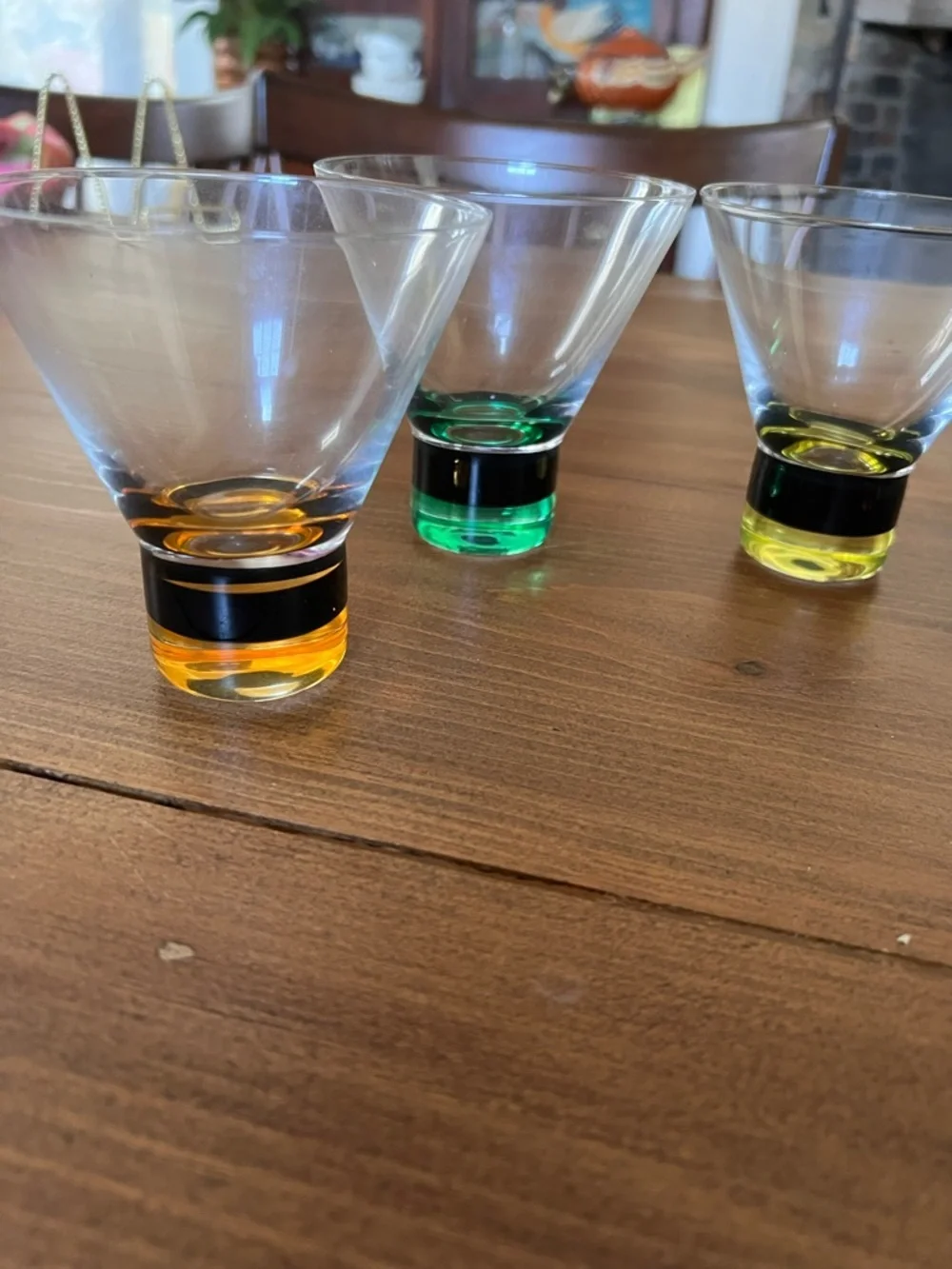 4 Mitbak European Crystal Martini Glasses Colorful Base Black Band Stemless 4x4”